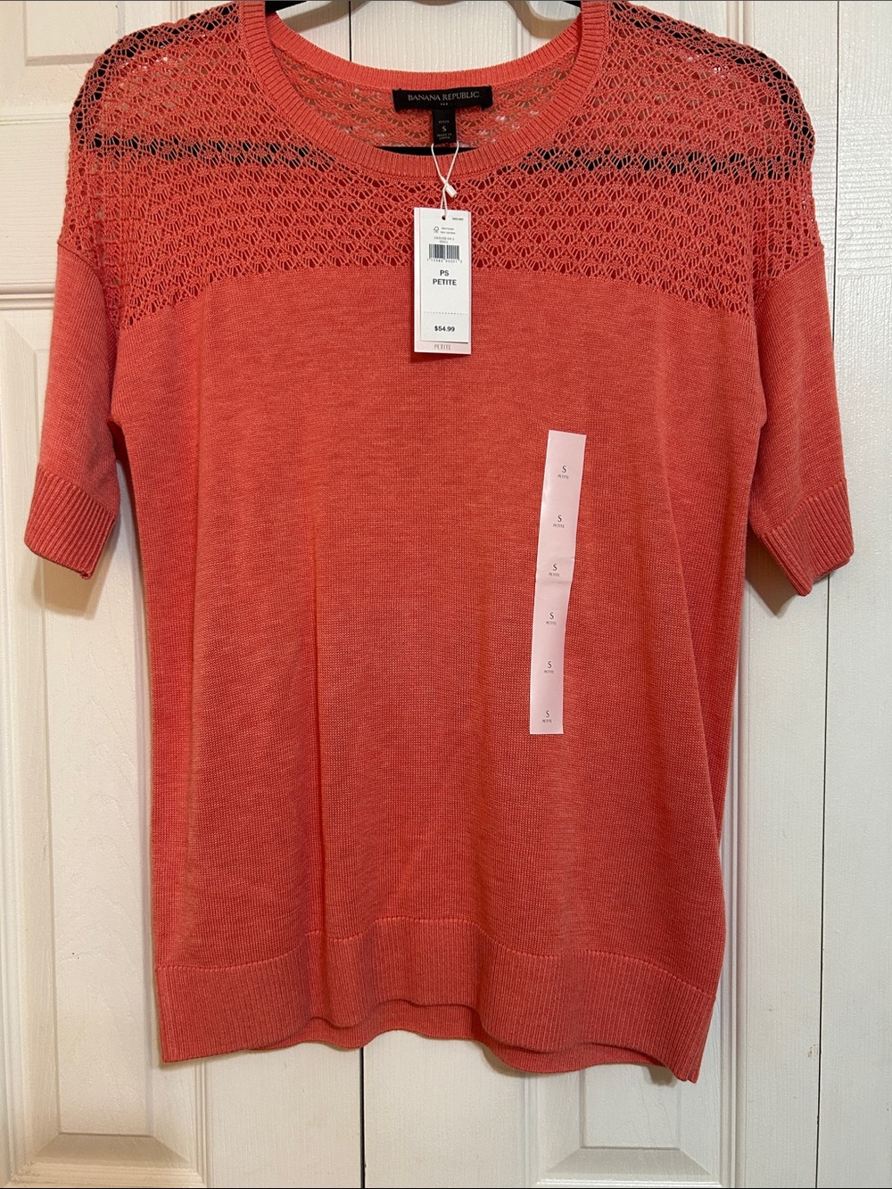 Banana Republic Coral Openwork Yoke Short Sleeve Sweater